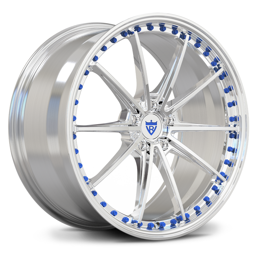 RVRN RV-MY26 forged monoblock wheel with polished finish and blue accent detail