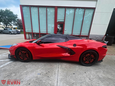 Rear 21x11 forged wheel fitment on Corvette C8 Z51, aggressive stance and deep profile machining, custom wheel design option
