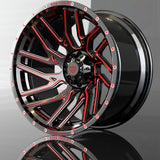 Custom forged truck wheel with red accents, RT-01 super concave monoblock design, shown in a polished chrome finish.