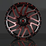 Custom truck forged monoblock wheel RT-01 with red and black super concave design, perfect for 20-inch rims on pickups.