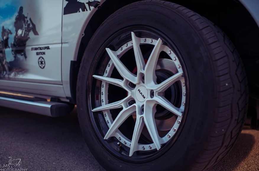 Close-up of forged wheel details on 20x9 deep dish wheels for Dodge Ram, polished finish, design your own wheels
