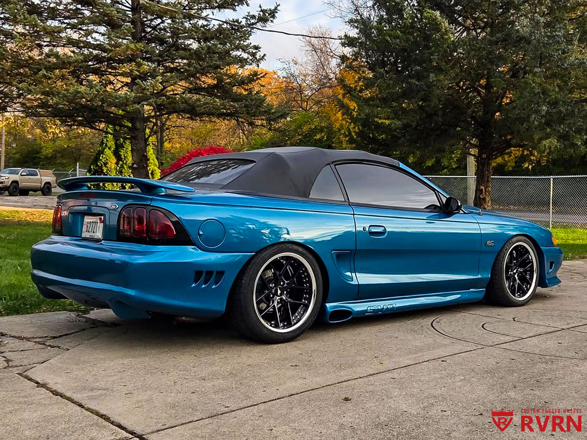 Front view of 1994 Mustang GT with 18x9.5 deep dish forged wheels in chrome, design your own wheels