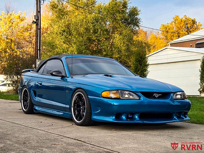 Rear fitment of 18x10.5 black deep dish forged wheels on 1994 Mustang GT, fully custom wheel specs