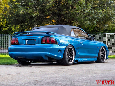 Side profile showing deep dish style forged wheels on Mustang GT, 18x9.5/18x10.5, design your own wheels