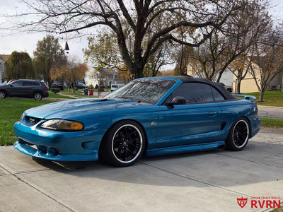 Close-up of chrome & black forged wheel on 1994 Mustang GT, precision machining, custom wheel design option