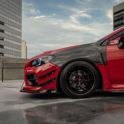 Rear fitment of 19x9.5 custom forged wheels on Subaru WRX Premium, JDM-inspired deep dish design, carbon fiber accent