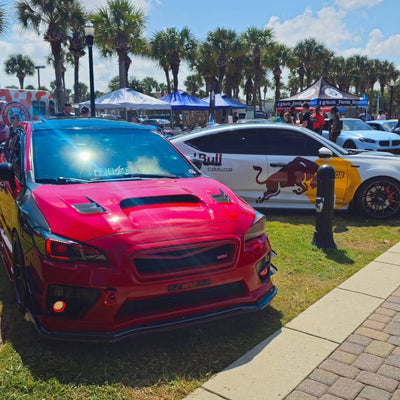 Custom wheel mounting on 2016 Subaru WRX Premium, 18x9.5 front and 19x9.5 rear forged wheels, deep dish design