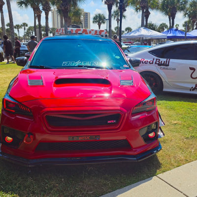 Deep dish lip detail on custom 18x9.5 front & 19x9.5 rear forged wheels for Subaru WRX Premium, JDM, carbon fiber accents