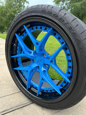 Hardware and machining detail on 2-piece forged wheel for Camaro ZL1, premium finish