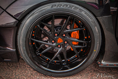 Close-up of 19x11 deep dish forged wheel on 2017 Subaru STI, custom machining, JDM design your own wheels