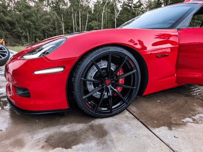 Rear angle showing 20x12.5 concave aftermarket wheel on C6 Z06, deep profile forged design, custom wheel options
