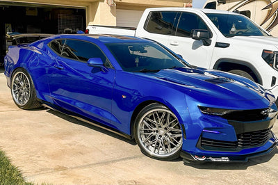 Close-up of 2-piece forged deep dish wheel spokes on 2020 Camaro SS, brushed finish, custom wheel design