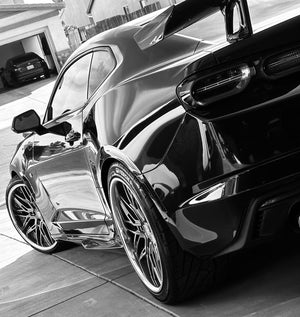 Rear fitment view of 20x11 forged deep dish wheel on Camaro SS, performance stance and custom forged detail