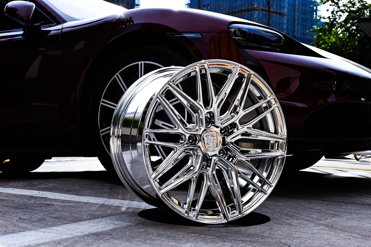 Rear angle shot of RV-MS808 19x11.5 chrome wheels and OEM+ fitment custom built for Porsche 911 Turbo