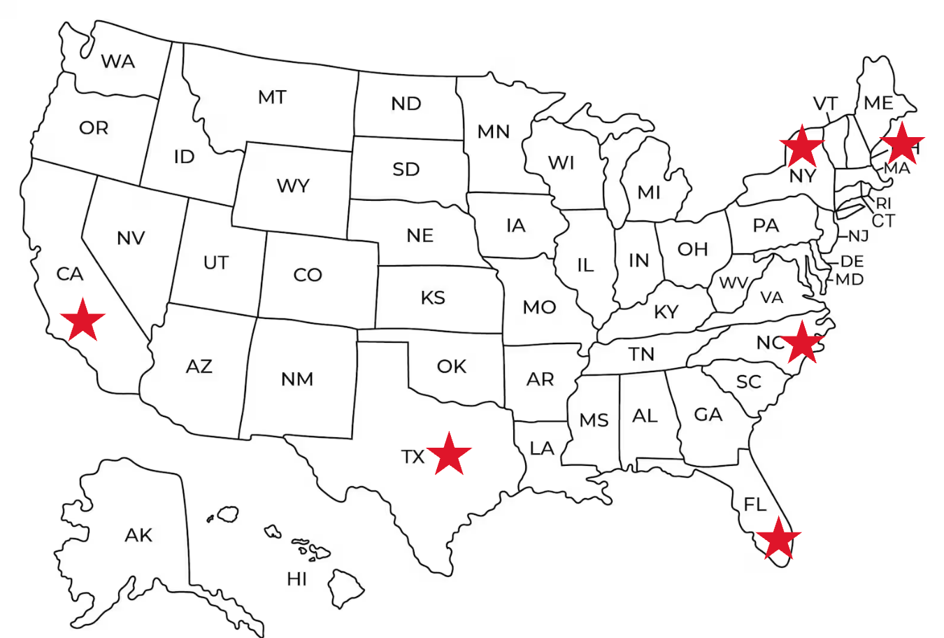RVRN. Dealer Map of the United States with red stars marking specific locations
