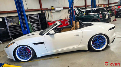 Close-up of RVRN RV-T081 Blue Chrome spoke design on 2015 Jaguar F-Type S Convertible V6 with Ivory White deep dish barrel