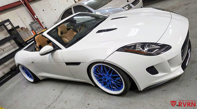 2015 Jaguar F-Type S Convertible rolling shot on RVRN RV-T081 forged wheels, Blue Chrome spokes and Ivory White deep dish setup