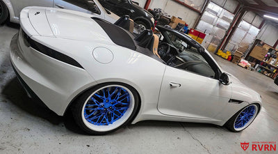 Front 20x9 +35mm RVRN RV-T081 forged wheel on Jaguar F-Type S Convertible, Blue Chrome spokes and Ivory White deep barrel detail