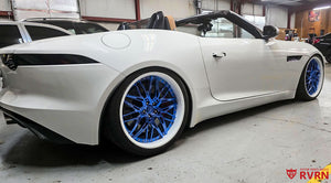 RVRN RV-T081 forged 2-piece wheel detail on Jaguar F-Type S Convertible, deep concave Blue Chrome spokes and Ivory White barrel
