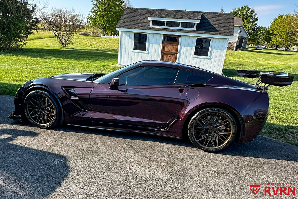 Corvette C7 Grand Sport forged wheels 19x10 20x12 RVRN RV-T081 gloss black purple lip front angle