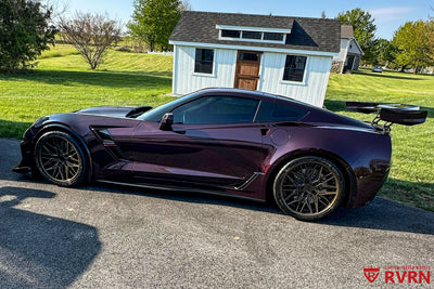 Corvette C7 Grand Sport forged wheels 19x10 20x12 RVRN RV-T081 gloss black purple lip front angle