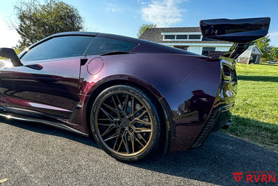 Corvette C7 aftermarket wheels 20x12 +45MM rear RVRN forged wheels gloss black barrel purple lip
