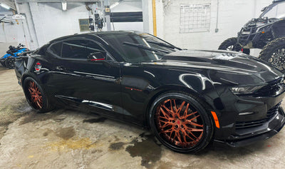 Rear view of 2023 Camaro SS with RVRN RV-T081 forged 2-piece deep dish wheels – 22x10.5 gloss black barrel