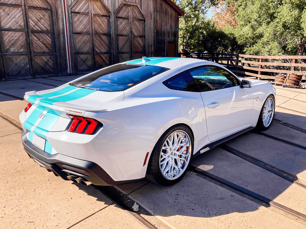 Mustang GT staggered wheels – 20-inch custom forged wheels for a sleek and aggressive look.