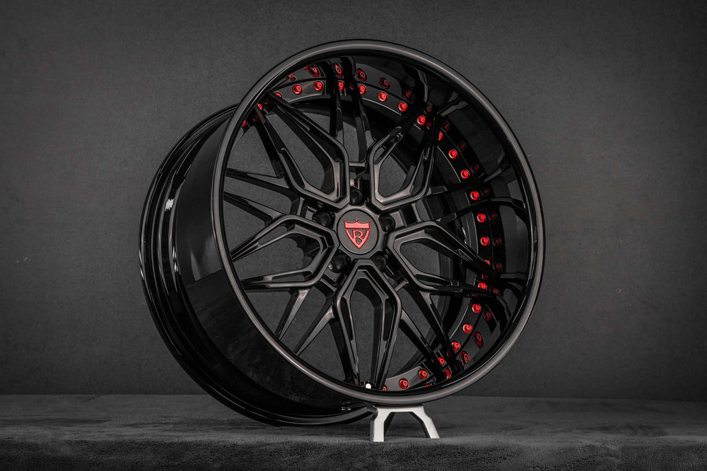 dodge charger rims with gloss black and red color, 20x11 custom deep dish forged wheels for a 2020 charger scat pack widebody
