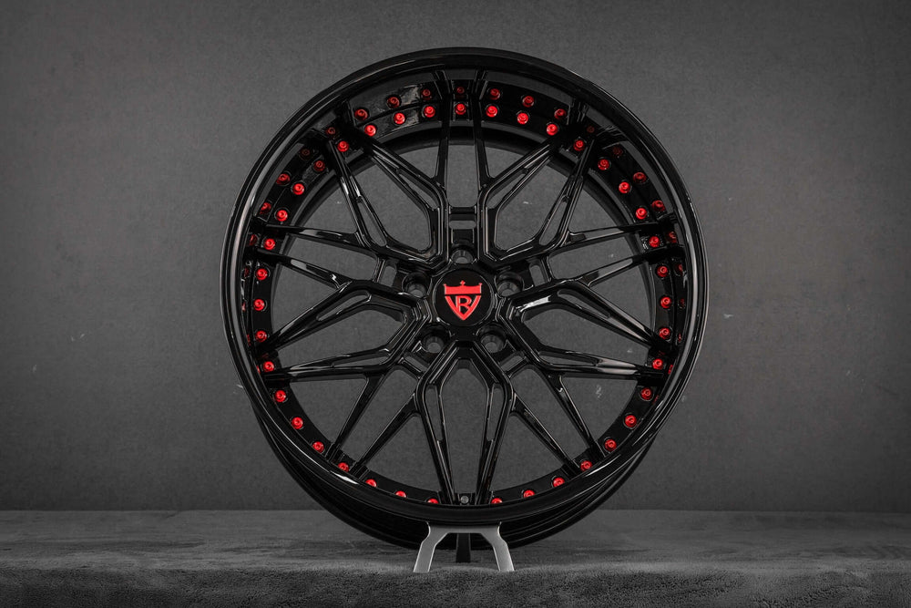 dodge charger rims with gloss black and red color, 20x11 custom deep dish forged wheels for a 2020 charger scat pack widebody