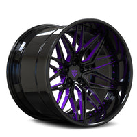 A glossy black multi-spoke alloy wheel with vibrant purple accents on the inner spokes and center cap logo, shown on a clean white background.