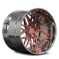 A multi-spoke alloy wheel rim with a polished chrome outer barrel and a metallic rose gold inner multi-spoke design, shown on a white background.