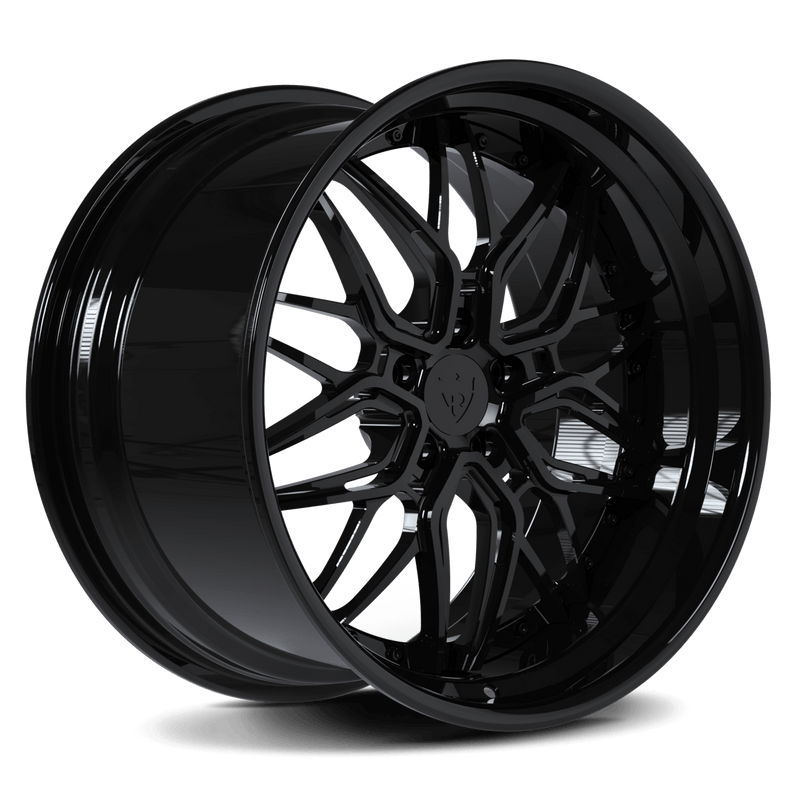 Custom forged black RV-T081 step lip wheel for Dodge Challenger Hellcat by RVRN Wheels, machined from aerospace-grade 6061-T6 aluminum.