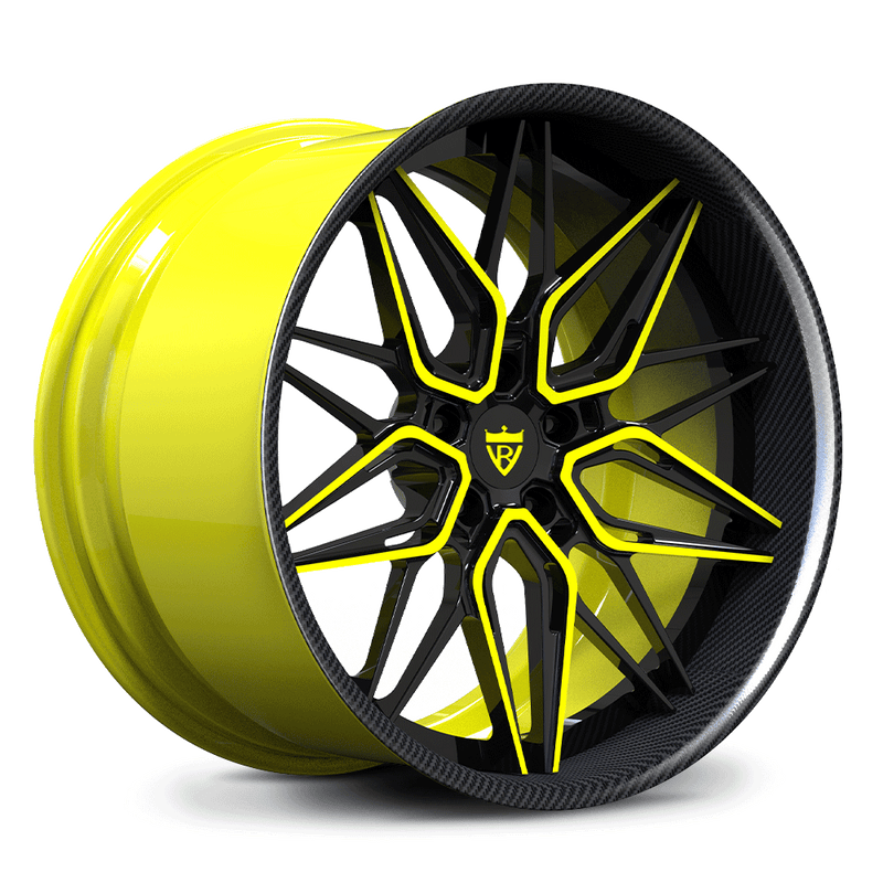 CUSTOM FORGED 2-PIECE DEEP DISH WHEELS: RV-T081 HIDDEN SCRWS in black and yellow with a carbon fiber finish.