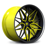 Custom forged deep dish wheels with yellow finish and black accents, featuring a unique design for high-performance vehicles.