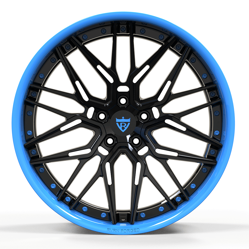 Custom forged black and blue concave Corvette wheel design, engineered for performance and aesthetics.