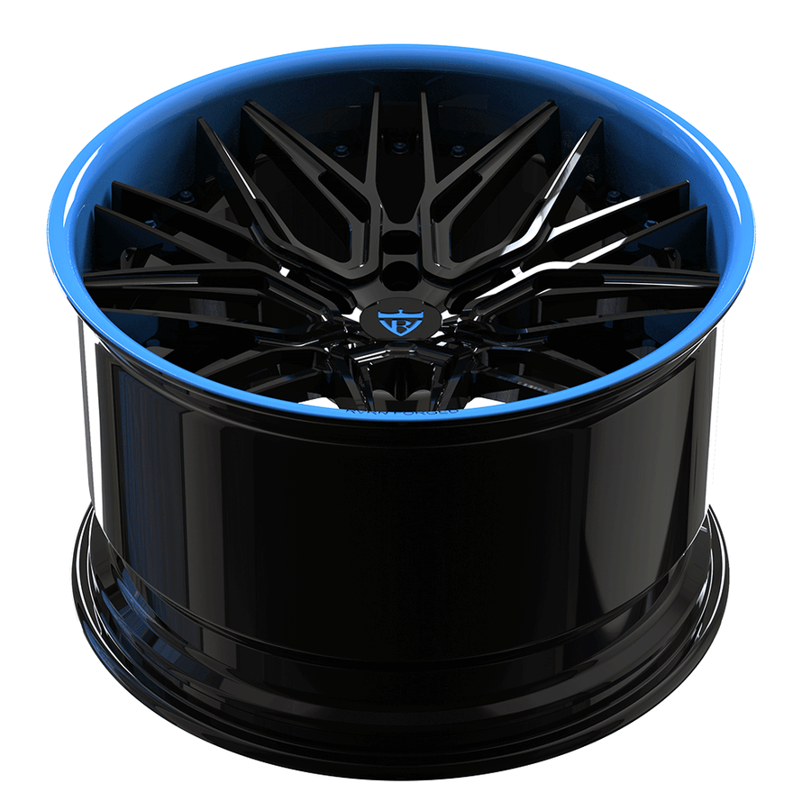 Custom forged 2-piece concave Corvette wheel in black with blue accents, designed for C8 models and aftermarket applications.