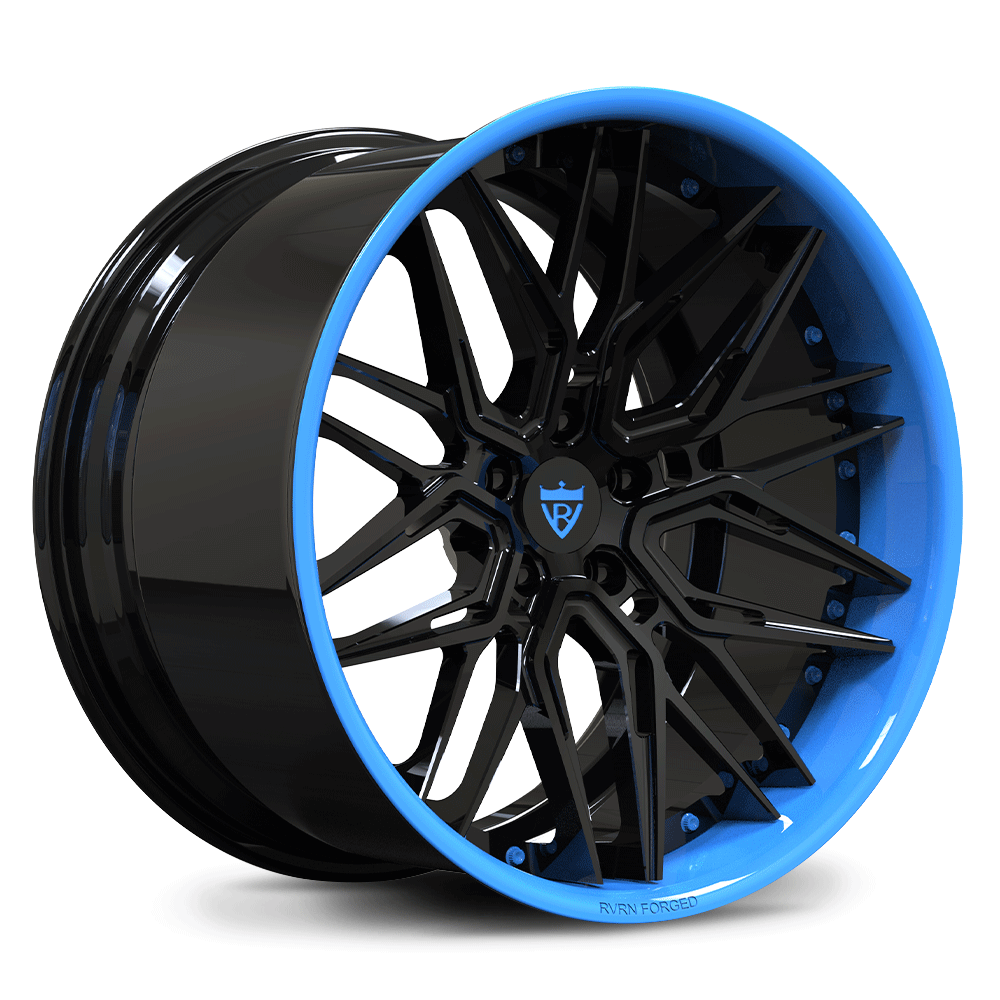 Custom forged 2-piece concave Corvette wheels in black and blue finish, ideal for performance and style.