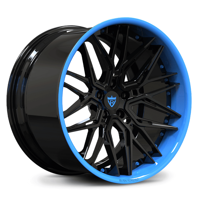 Custom forged 2-piece concave Corvette wheels in black and blue finish, ideal for performance and style.