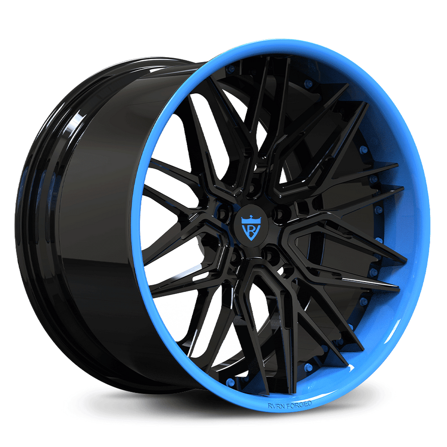 Custom forged 2-piece concave Corvette wheels in black and blue finish, ideal for performance and style.