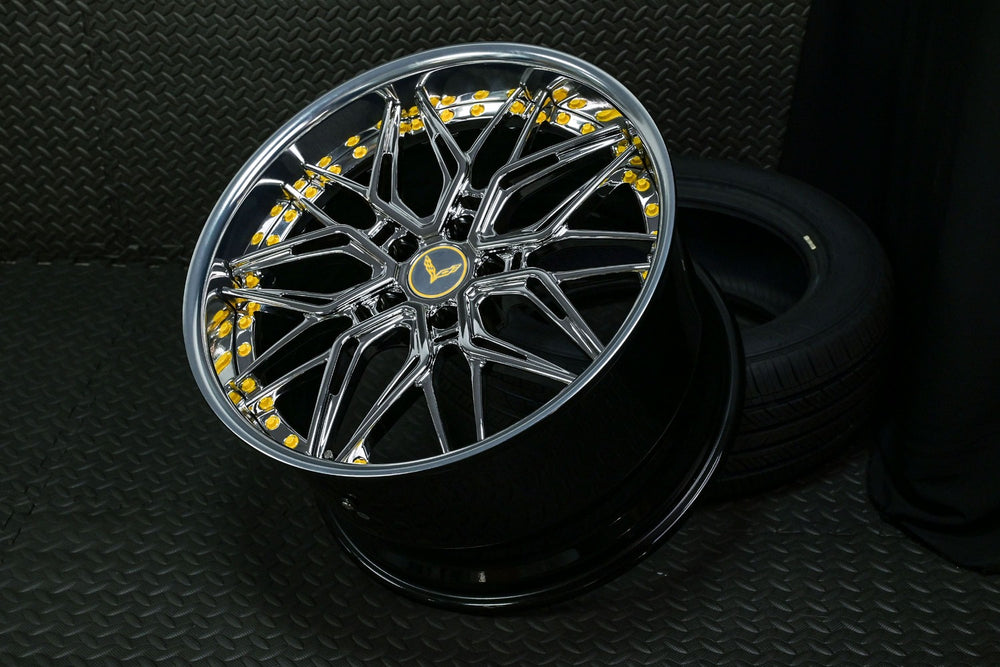 Chrome Corvette deep dish wheel, perfect for Corvette C7, featuring stylish design and high-quality craftsmanship.