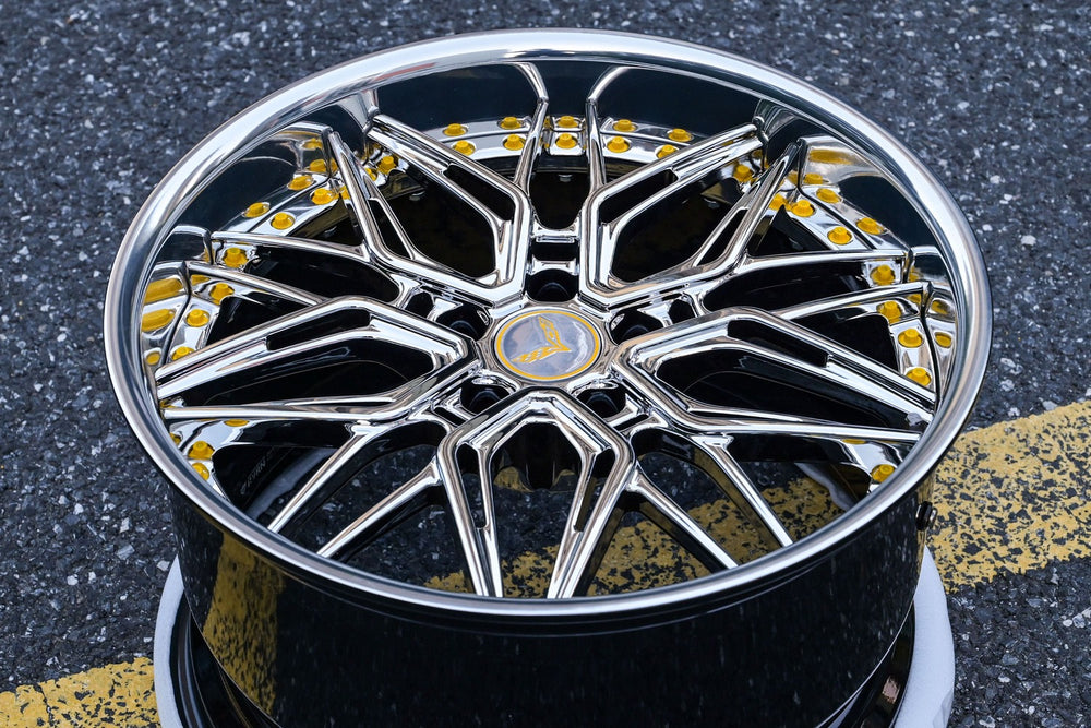 Chrome multi-spoke RVRN RV-T081 forged wheel with a polished lip over a gloss black barrel, custom deep dish wheels for the 2015 Corvette C7 Z06