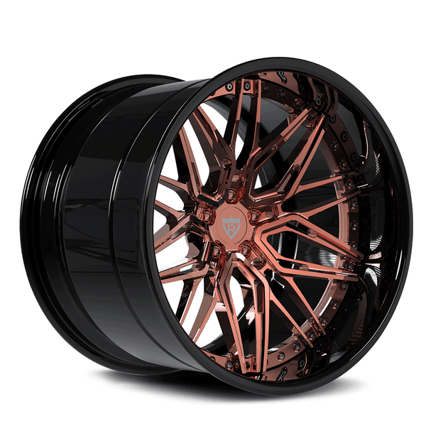 Custom deep dish RV-T081 rose gold forged wheel with a sleek black finish. Perfect for all vehicles.