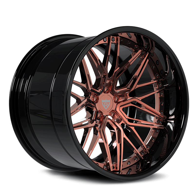 Custom deep dish RV-T081 rose gold forged wheel with a sleek black finish. Perfect for all vehicles.