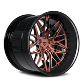 Custom forged 2-piece rose gold rim with deep dish design and black carbon fiber details.