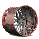 Custom rose gold 2-piece forged wheel, RV-T081, showcasing deep dish design and intricate spoke pattern.