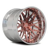 Custom 2-piece forged wheel with deep dish design in rose gold finish, showcasing intricate spoke patterns.