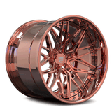 Custom deep dish forged rose gold rim showcasing intricate design and finish. Ideal for all vehicles.