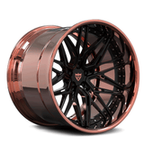 Custom deep dish forged 2-piece rose gold and black wheel with intricate design and modern finish.