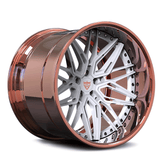 Custom 2-piece forged rose gold wheel with aggressive deep dish design and intricate spoke pattern.